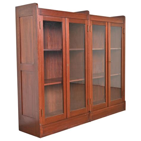 Antique Stickley Style Arts And Crafts Oak Glass Front Double Bookcase