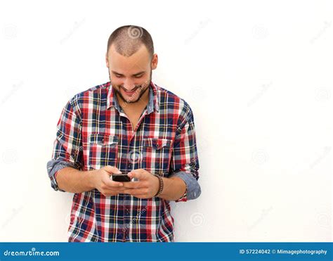 Man Looking At Cell Phone And Smiling Stock Photo Image Of Charming