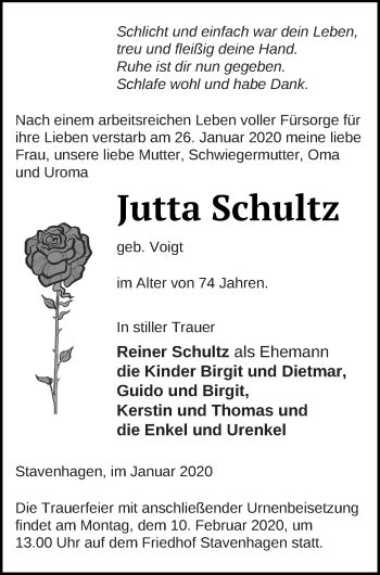 Traueranzeigen Von Jutta Schultz Trauer Nordkurier