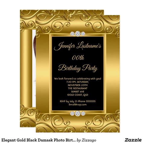 Elegant Gold Black Damask Photo Birthday Party Invitation Zazzle