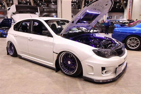 White Wrx Sti Hatchback On Purple Avant Garde F Piece Wheels