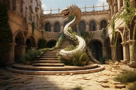 Premium AI Image | Serpentine basilisk slithering through a medieval ...