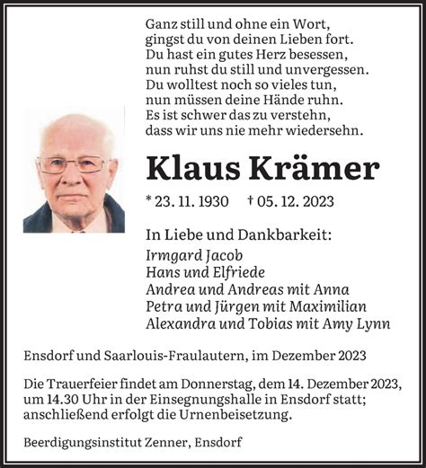 Traueranzeigen Von Klaus Kr Mer Saarbruecker Zeitung Trauer De