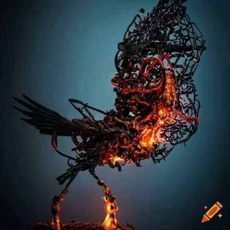 Bio Mechanical Decomposed Flying Crow Made Of Scrap Metal And Glowing