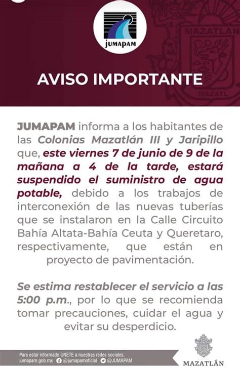 Colonias De Mazatl N Se Quedan Sin Agua Potable Este Viernes De Junio