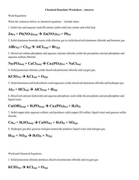 Chemical Reactions Worksheet 1 With Answers Science 8th Grade Worksheets Library