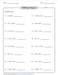 Adding and Subtracting Integers Worksheets