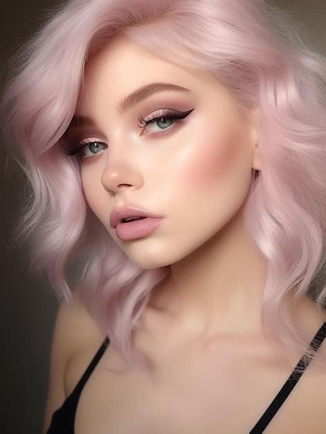 Premium Ai Image A Woman With Pink Hair And Pink Eyeshadow Looks Into The Camera