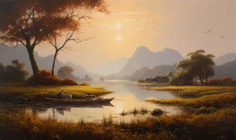 Lake Landscape Painting Stock Illustration Illustration Of Nature