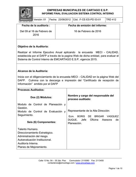 Evaluación Sistema de Control Interno Vigencia