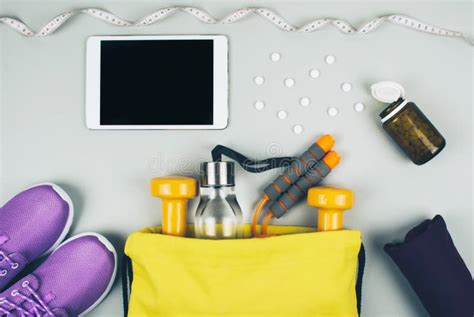 Creative Flat Lay Of Sport And Fitness Equipments Stock Photo Image