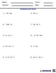 Algebra Combining Pdf Name Score Teacher Date Combining Like