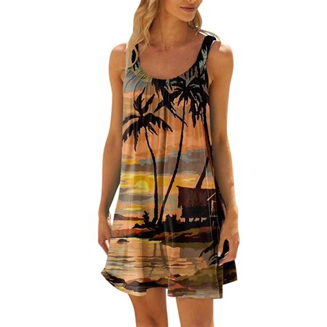 DENGDENG Summer Dresses For Women Floral Print Sleeveless Tank Beach