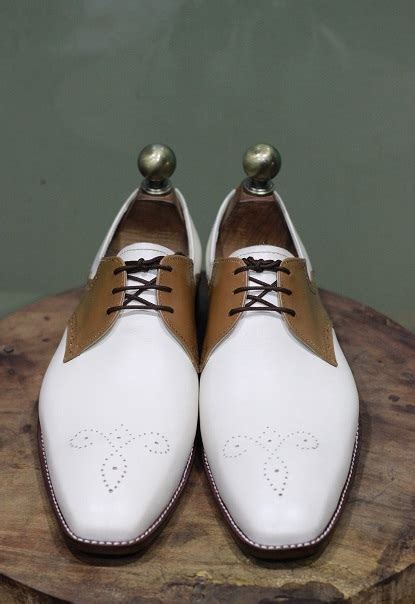 Men's Handmade Formal Shoes White Brown Leather Stylish Lace Up Dress ...