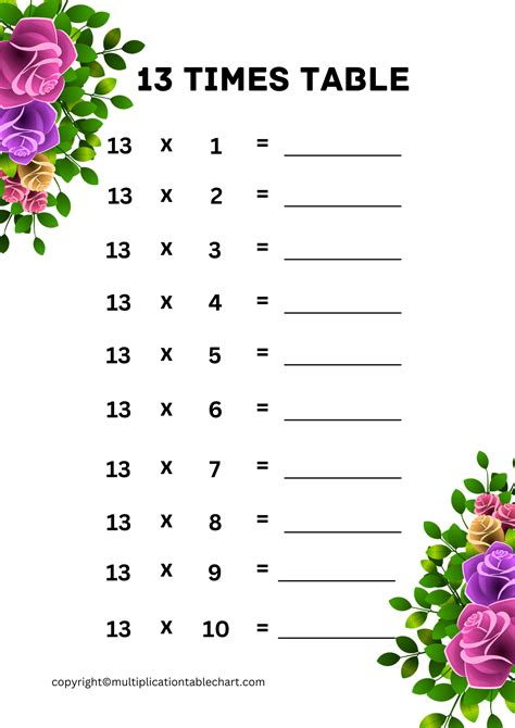 13 Times Table Worksheet Multiplication Table