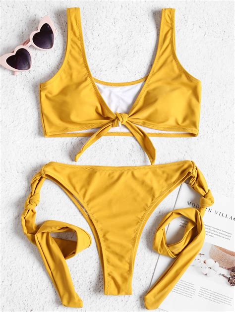 Tie Front Knot High Leg Bikini Set In Sun Yellow Zaful 2024