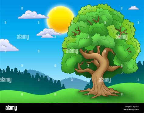 Green Leafy Tree In Landscape Color Illustration Stock Photo Alamy