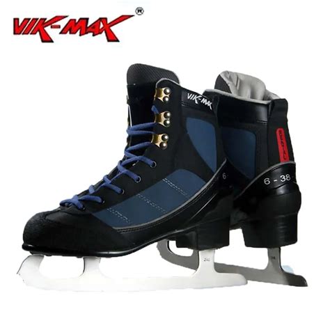 Vik Max Adult Kids Dark Blue Leather Figure Skate Shoes With Aluminium