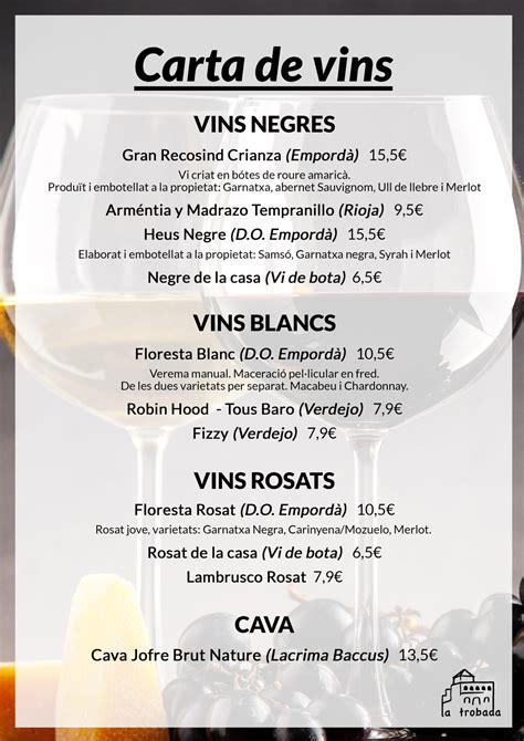 Carta De Vinos Restaurant La Trobada