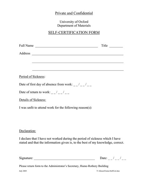 Self Certificate Sick Note Template