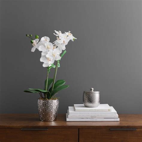 Artificial Orchid White In Silver Pot 28cm Dunelm