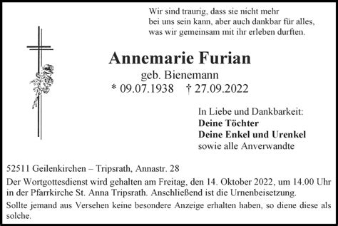 Traueranzeigen Von Annemarie Furian Aachen Gedenkt