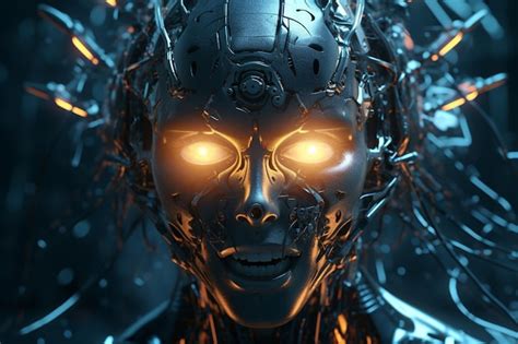 Cara De Cyborg Con Conexiones Neuronales Y Ojos Brillantes Foto Premium