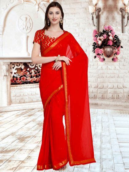 Crimson Red Chiffon Festival Plain Saree Red Chiffon Festival Wear Chiffon Saree