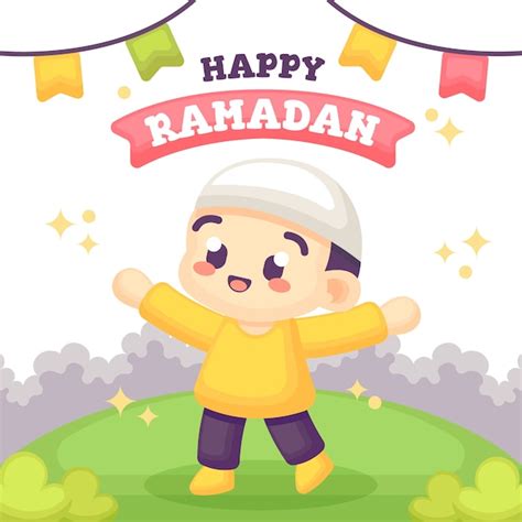 Tarjeta de felicitación de ramadán con ilustración de niño lindo