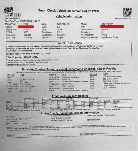 Smog Certificate Smog Check Vehicle Inspection Report