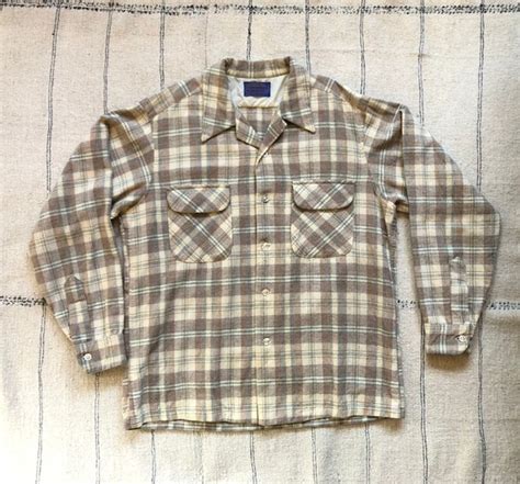 S Vintage Pendleton Beige Plaid Wool Flannel Boar Gem