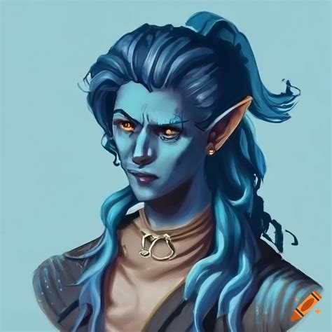 Portrait Of A Male Water Genasi With Blue Skin And Long Flowing Hair On