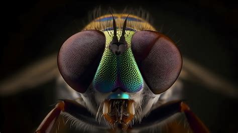 Um close up do rosto de uma mosca um padrão verde e azul Foto