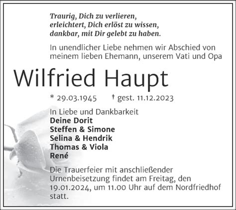 Traueranzeigen Von Wilfried Haupt Abschied Nehmen De