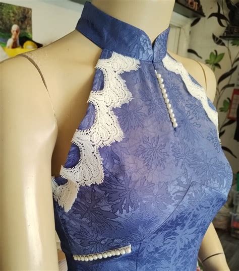 2022 Blue Qipao Dress Sleeveless Cheongsam Summer Lace Dress Pearl