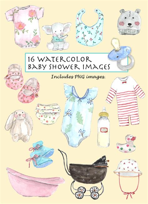 CLIP ART Watercolor Vintage Baby Shower Set. 16 Images. Digital ...