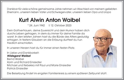 Traueranzeigen von Kurt Alwin Anton Waibel Allgäuer Zeitung