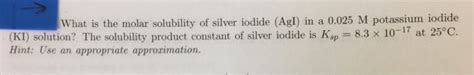 Solved What is the molar solubility of silver iodide (Agl) | Chegg.com