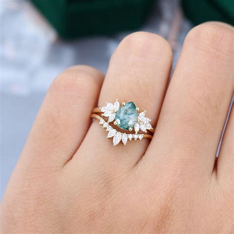 Pear Shaped Moss Agate Gold Engagement Ring Set MollyJewelryUS