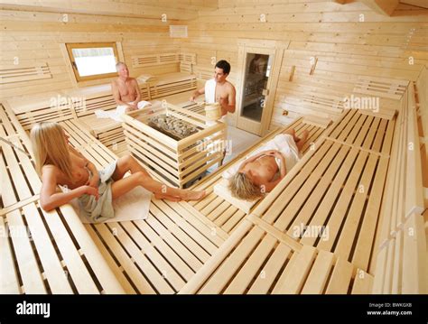 Sauna Inside Group Wellness Wood Wooden Sauna Hut Person Healthy Stock