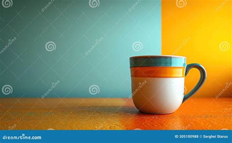 A Coffee Cup Sitting On A Table Next To An Orange And Blue Wall Ai