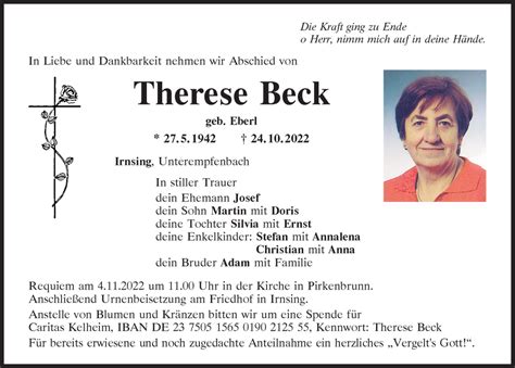 Traueranzeigen Von Therese Beck Mittelbayerische Trauer