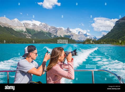 Maligne Lake boat tour, Jasper National Park, Alberta, Canada Stock ...