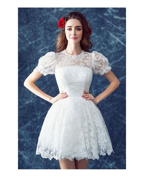 Retro Lace Short Wedding Dresses With Short Sleeves Cute High Neck