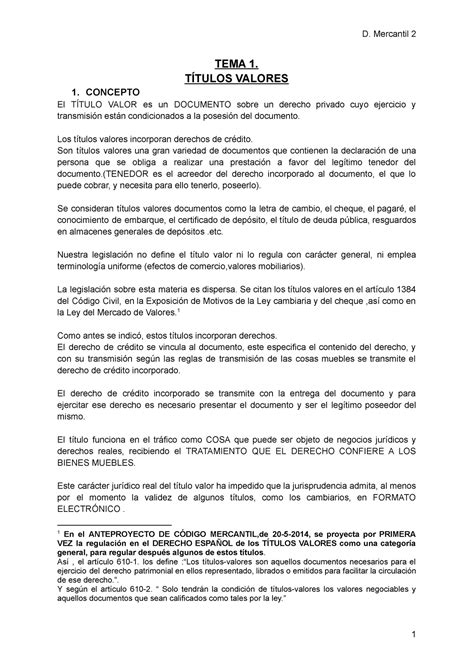 Tema 1 Derecho Mercantil 2 D Mercantil 2 Tema 1 TÍtulos Valores 1 Concepto El TÍtulo