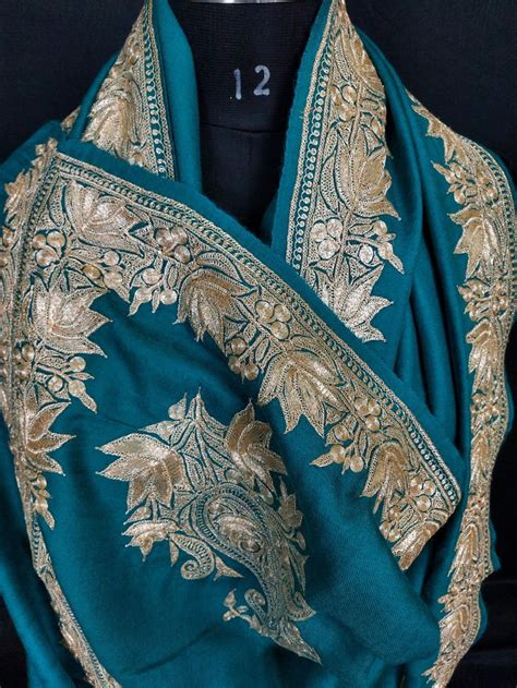 Silver Tilla Hand Embroidery Pure Pashmina Shawl In Turquoise Blue