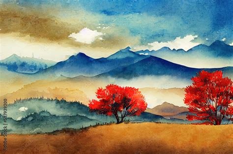 Panorama mountain range watercolor landscape painting on paper ...