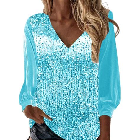 Qcmgmg Long Sleeve Sparkly Top V Neck Shiny Sequin Top Evening Party