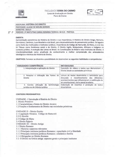 Plano De Ensino Hist Ria Do Direito Pdf