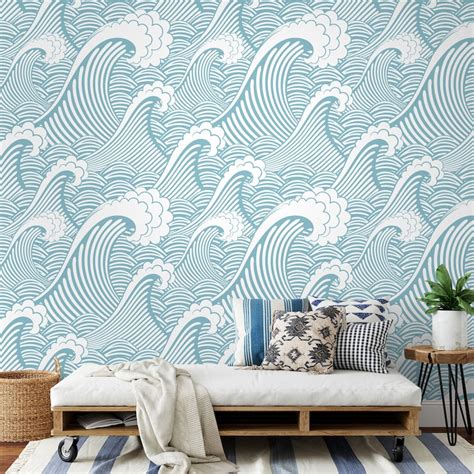 Wave Wallpaper Peel And Stick Pink Blue Ocean Waves Wall Etsy